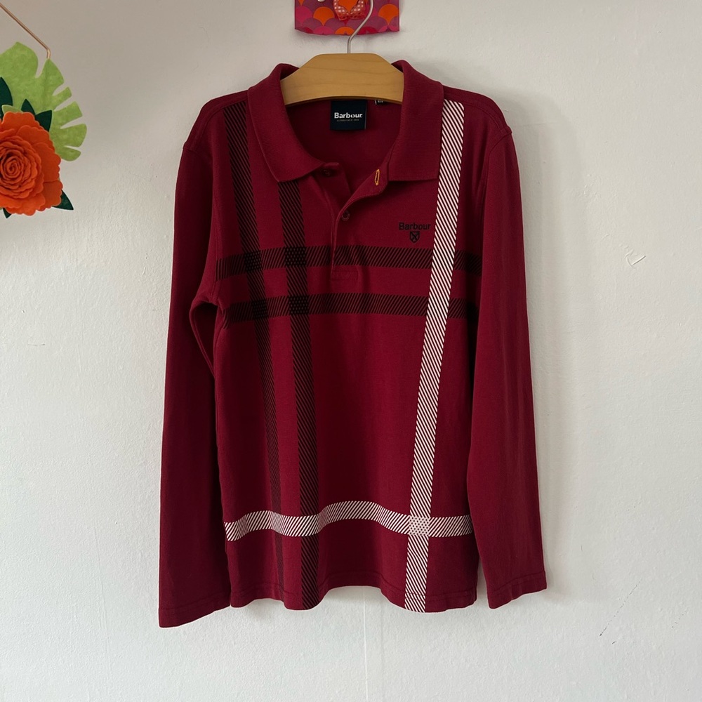 EUC boys Barbour long sleeve polo maroon white black logo sz 8-9